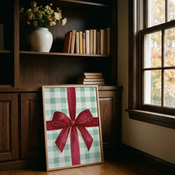 Gingham Bow Art Print | Burgundy Ribbon Artwork | Festive Christmas Kitchen Decor