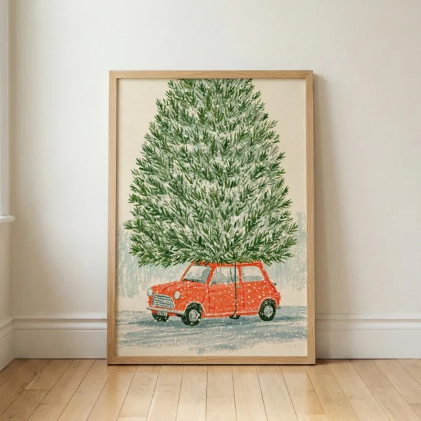 Vintage Christmas Art Print, Red Car with Tree, Nostalgic Holiday Decor