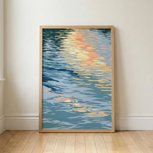 Water Reflection Art Print, Coastal Blue Seascape, Golden Hour Ocean Decor