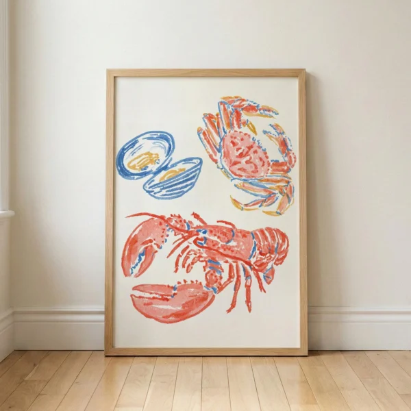 Watercolor Seafood Art Print, Lobster Crab Kitchen Decor, Colorful Coastal Dining Room Wall Art