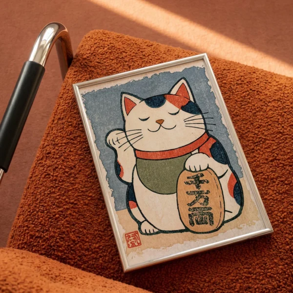 Maneki Neko Cat Art Print, Japanese Lucky Cat Wall Decor Poster