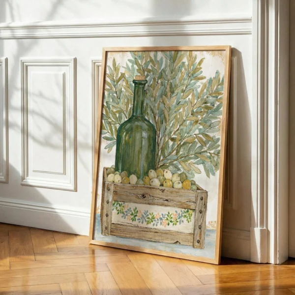 Olive Branch Still Life Print, Rustic Mediterranean Kitchen Art, Green Bottle Decor