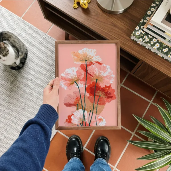 Coral Poppy Botanical Print, Contemporary Floral Wall Art, Pink Statement Decor