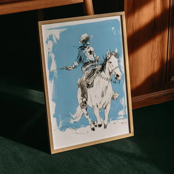 Cowboy Art Print, Horseback Western Rider, Blue Rustic Ranch Decor