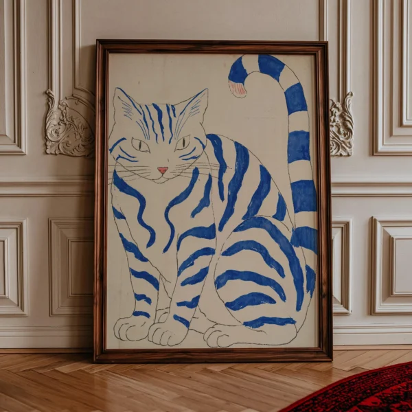 Blue Cat Art Print, Folk Style Feline Wall Decor, Cobalt Blue Animal Illustration