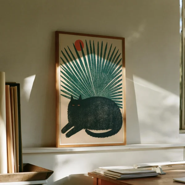 Black Cat Art Print, Mid-Century Folk Wall Decor, Teal Palm Sun Illustration