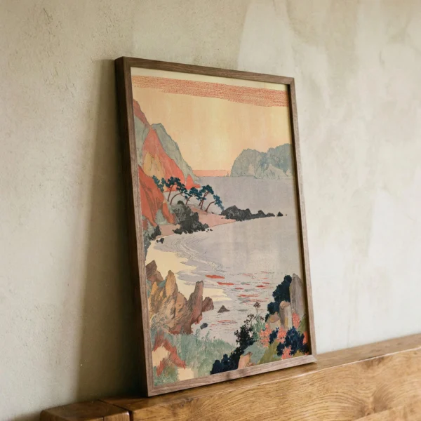 Japanese Coastal Landscape Print | Woodblock Style Seascape | Serene Living Room Art