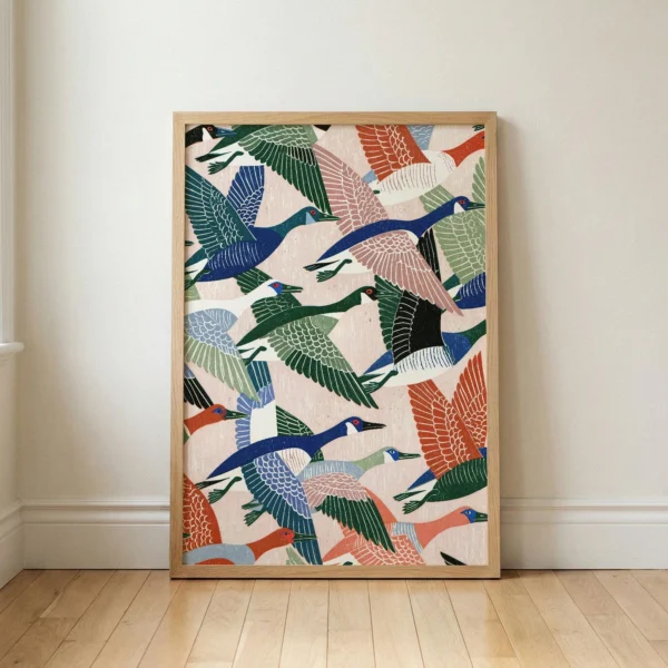 Flying Geese Art Print, Folk Linocut Bird Decor, Eclectic Dining Wall Art