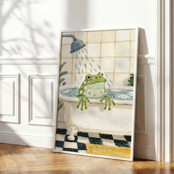 Frog Bathroom Art Print, Whimsical Watercolor Bathtub Scene, Eclectic Green Decor