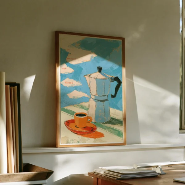 Italian Espresso Art Print, Moka Pot Kitchen Wall Art, Retro Cafe Decor