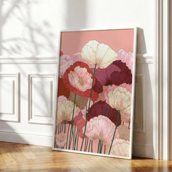 Pink Poppy Art Print, Art Nouveau Botanical Decor, Burgundy Floral Artwork