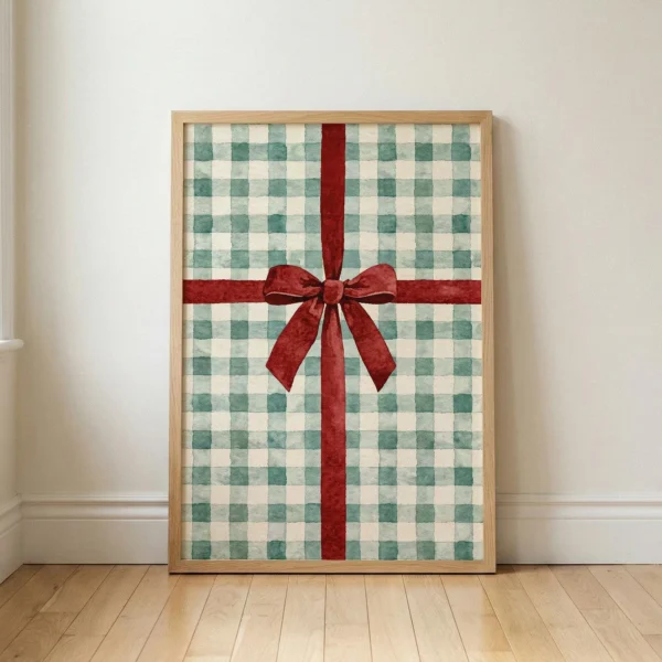 Christmas Bow Art Print | Red Ribbon Watercolor | Green Checker Holiday Decor