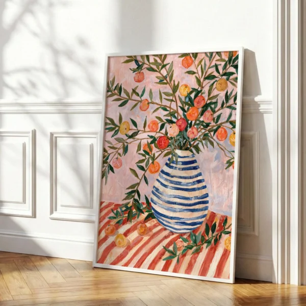 Mediterranean Citrus Still Life Print | Striped Vase Kitchen Art | Italian Villa Decor