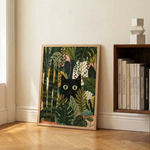 Black Cat Botanical Print Wall Art, Mid-Century Jungle Decor, Whimsical Folk Illustration