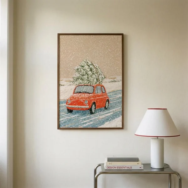 Vintage Red Car Art Print, Retro Snowy Landscape, Mid-Century Winter Wall Decor