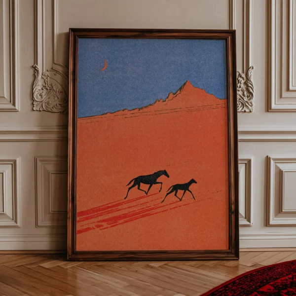 Southwestern Horse Art Print, Mid-Century Desert Scene, Burnt Orange Western Decor