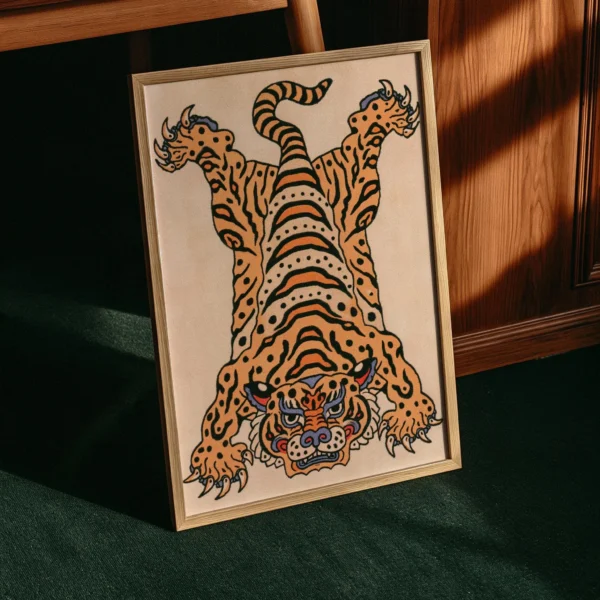 Tiger Rug Folk Art Print, Orange Animal Wall Decor, Bohemian Maximalist Artwork
