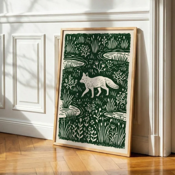 Fox Wall Art, Green Woodland Block Print, Folk Art Bunny Decor