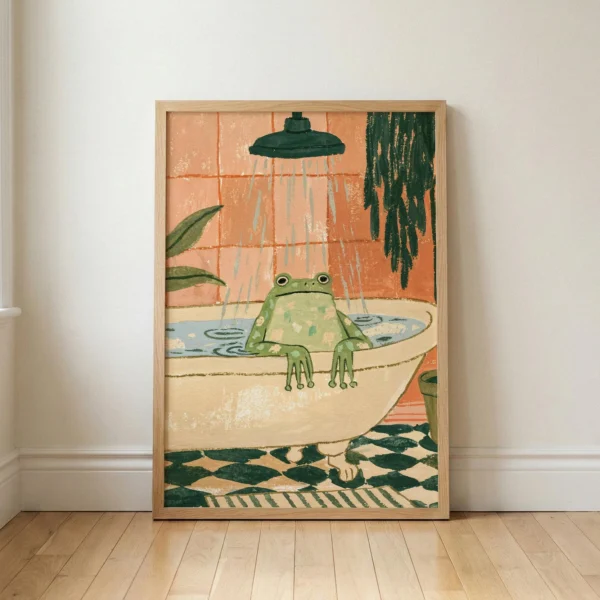 Funny Frog Art Print, Whimsical Bathroom Scene, Retro Green and Peach Wall Decor