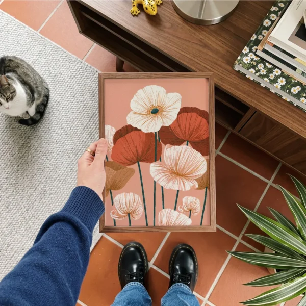 Mid Century Botanical Print, Coral Poppy Wall Art, Retro Floral Decor