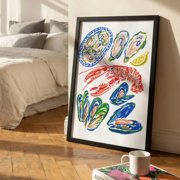 Lobster Still Life Print, Mediterranean Seafood Wall Art, Colorful French Bistro Decor