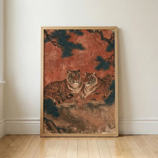 Vintage Tiger Print Wall Art, East Asian Pine Painting, Terracotta Chinoiserie Decor