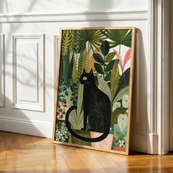 Black Cat Botanical Print, Mid-Century Houseplant Wall Art, Retro Collage Decor