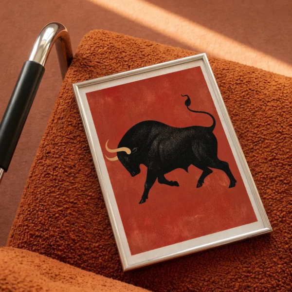 Black Bull Print Wall Art, Terracotta Spanish Decor, Mid Century Folk Illustration