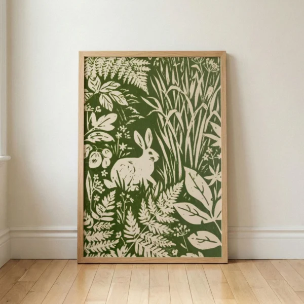 Rabbit Wall Art, Green Woodland Block Print, Folk Art Bunny Decor