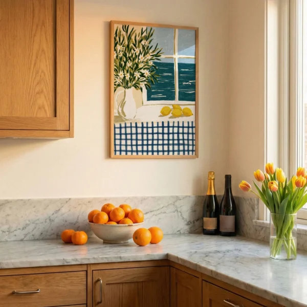 Mediterranean Lemon Still Life Print, Coastal Kitchen Wall Art, Italian Daisy Decor