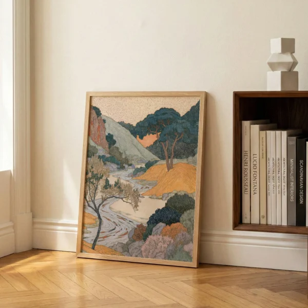 Art Nouveau Landscape Print, Winding River Wall Art, Ochre and Deep Teal Decor