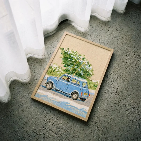 Vintage Blue Car Art Print | British Christmas Wall Art | Retro Motoring Decor