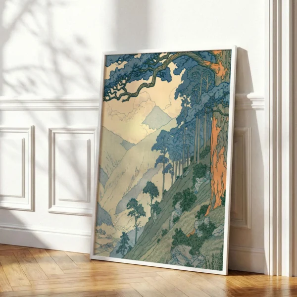 Japanese Landscape Art Print, Blue Pine Forest and Misty Mountains