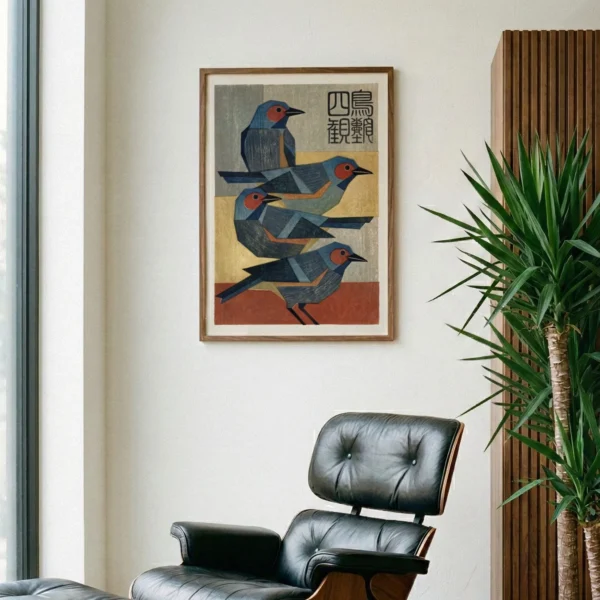 Japanese Bird Print - Mid Century Modern Wall Art (Giclée Woodblock Style Poster)