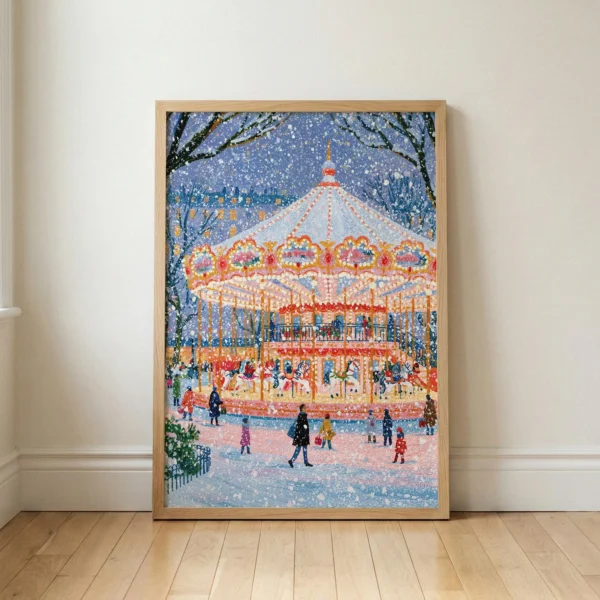 Snowy Carousel Print Wall Art, Winter Carnival Wall Print, Whimsical European City Decor