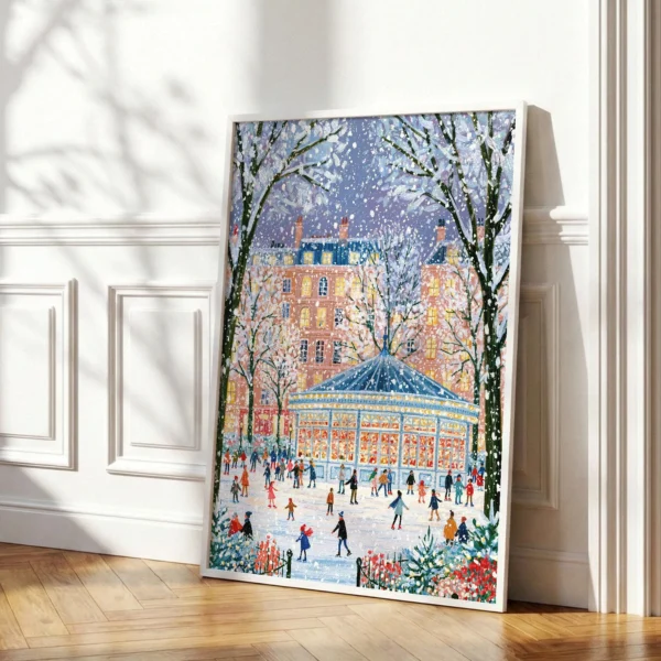 Winter Ice Skating Wall Art Print, Snowy European Cityscape Illustration, Christmas Holiday Decor