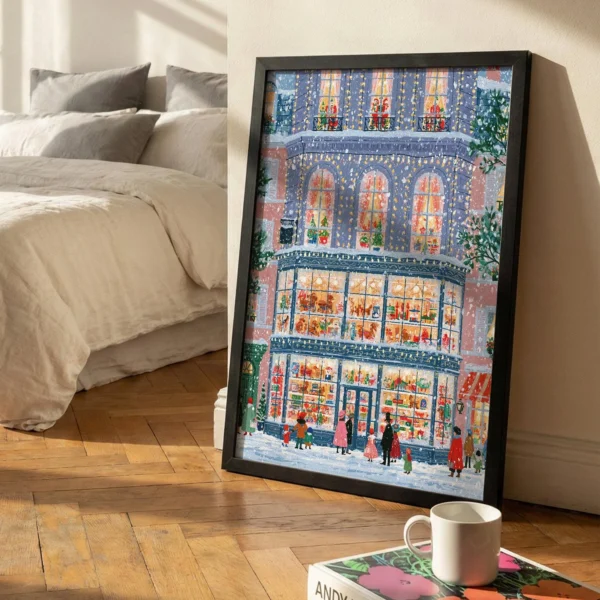 Toy Shop Wall Art Print, Snowy European Storefront, Vintage Christmas City Decor