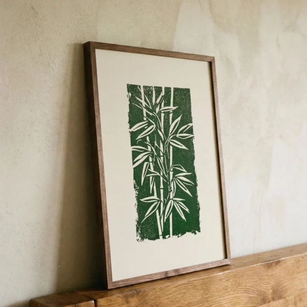 Bamboo Linocut Print Wall Art, Green Botanical Block Print, Japandi Zen Decor, Organic Modern