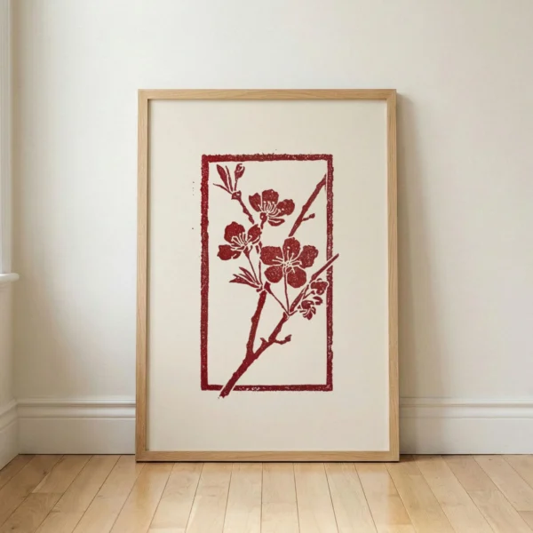 Japanese Blossom Branch Art Print, Red Botanical Wall Art, Japandi Bedroom Decor