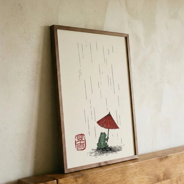 Frog Umbrella Art Print, Whimsical Japanese Inspired Wall Art, Red Beige Japandi Decor