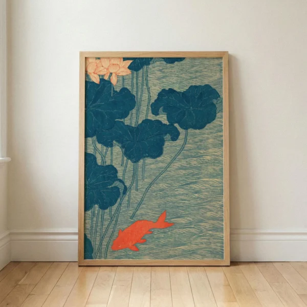 Lotus Pond Art Print, Japanese Inspired Fish Wall Art, Blue Beige Botanical Decor