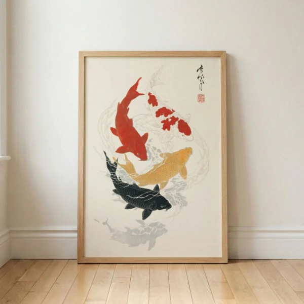 Koi Fish Art Print, Japanese Inspired Wall Art, Red Beige Japandi Decor