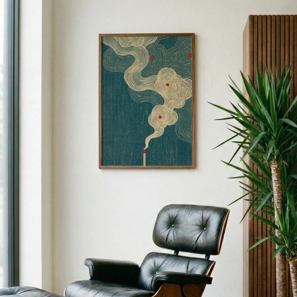 May include: A framed art print featuring a stylized illustration of a lit match with smoke. The artwork has a teal background with beige swirling lines and red circular accents. The frame is a warm brown color.