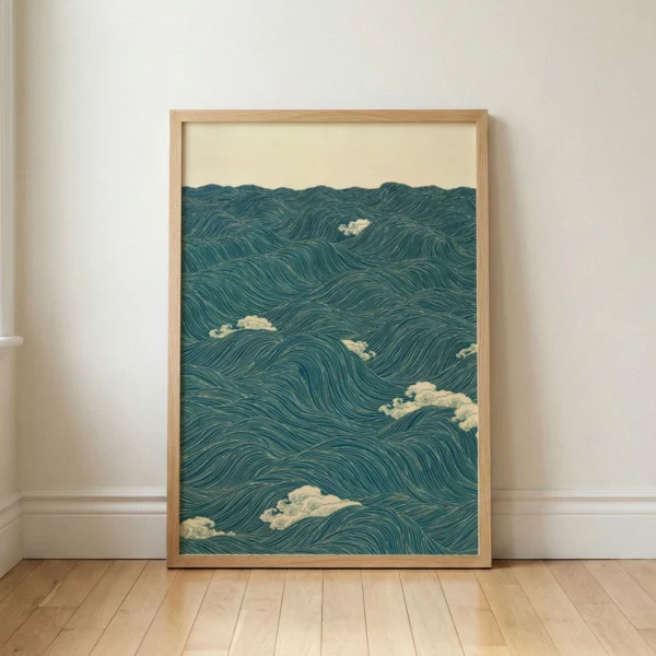 Japanese Ocean Wave Print, Teal Coastal Wall Art (Japandi Poster)