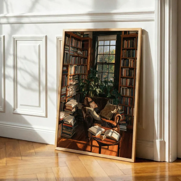 Cozy Reading Nook Art Print, Houseplant Library Painting, Botanical Bookish Home Office