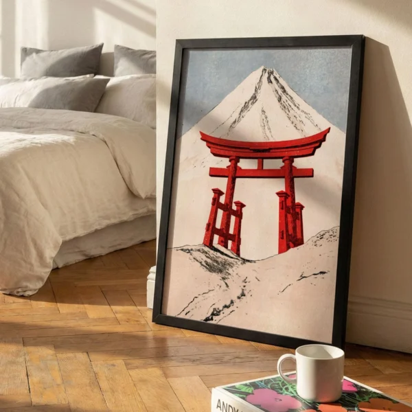 Mount Fuji Art Print, Snowy Torii Gate Landscape, Zen Minimalist Japandi Wall Decor