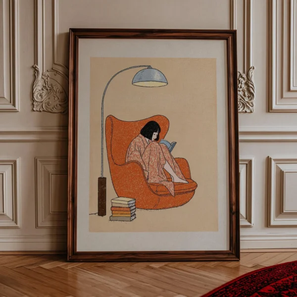 Woman Reading Art Print, Mid-Century Book Lover Decor, Retro Orange Chair Illustration