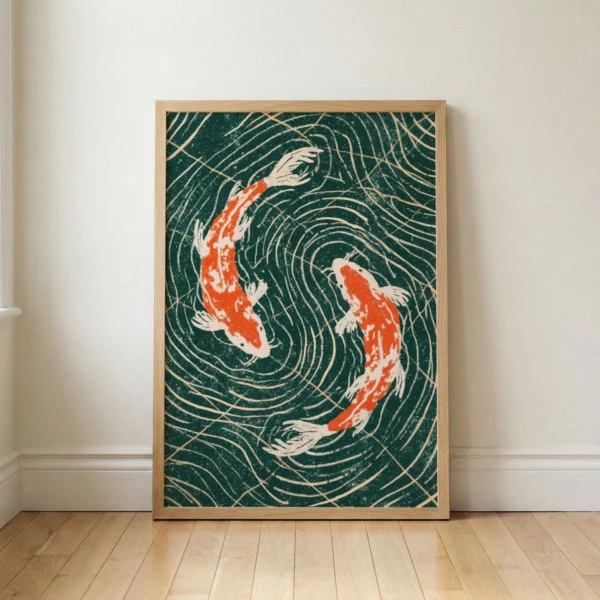 Two Koi Harmony Art Print, Japandi Wall Decor, Dark Teal Meditation Poster