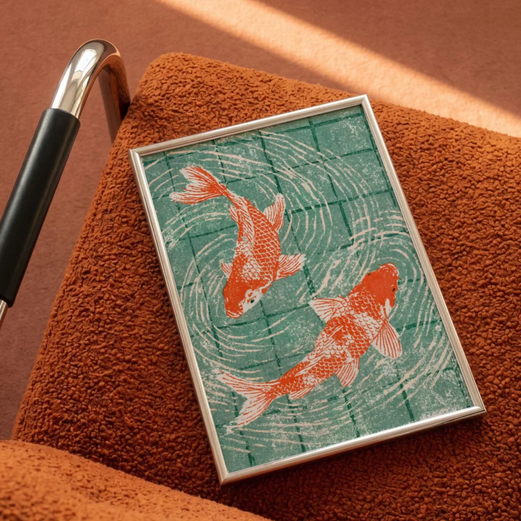 Japanese Koi Pond Art Print, Linocut Fish Wall Decor, Zen Bathroom, Teal Spa