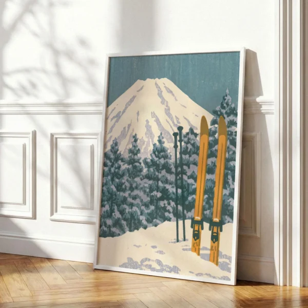 Retro Winter Sports Print - Blue Mountain and Vintage Skis Artwork